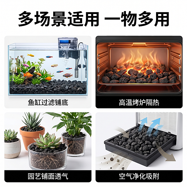 [主图 7] 黑色火山石多应用场景拼图展示。[氛围风格] 丰富直观，实用性展示。[画质] 商业摄影拼图，整体光影统一，清晰真实。[元素] 画面四格拼图，分别展示四个主要应用场景：左上鱼缸过滤铺底，左下园艺铺面透气，右下空气净化吸附，右上高温烤炉隔热。每个场景都有黑色火山石的应用，保持火山石颜色材质和原图一致。四格拼图之间用极细白线分隔，整体背景纯白色。[光影] 每个小场景光影统一，都明亮清晰，产品突出。[配色] 黑色火山石融合各场景自然色彩，整体干净协调，白色背景统一。[文字版式] 顶部主标题「多场景适用 一物多用」黑色粗体；每个小场景下方标注场景名称，小字黑色，不遮挡主体。[比例分辨率] 1:1比例，2k分辨率，超高清。[负向提示词] 变形，水印，文字错乱，光影不统一，背景杂乱。