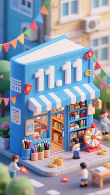 画面中央是一个巨大的书本形状的店铺，有一个白色字"11.11"的招牌，店铺内货架上摆放了各类文具，门口摆放笔筒、转盘、金币，蓝色主色调，点缀彩带、红包，学校背景预览效果