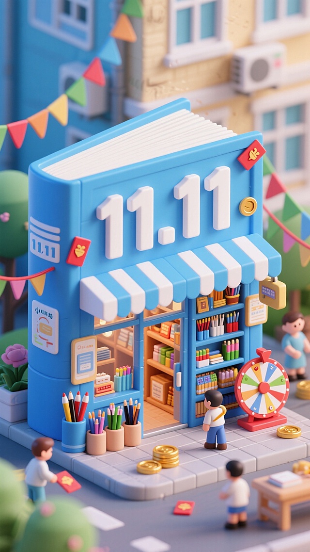 画面中央是一个巨大的书本形状的店铺，有一个白色字"11.11"的招牌，店铺内货架上摆放了各类文具，门口摆放笔筒、转盘、金币，蓝色主色调，点缀彩带、红包，学校背景