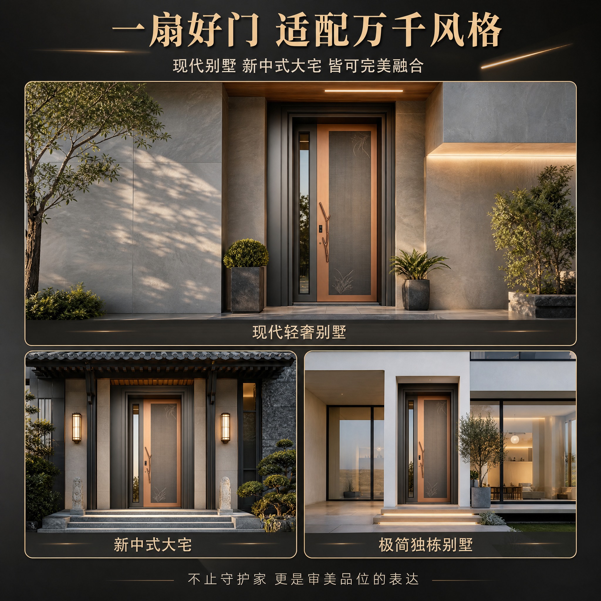 [主图-4] 多场景适配图，核心任务：展示入户门在不同建筑风格… - 图片创意预览