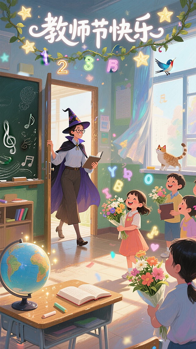 水彩风插画，梦幻清新，拟人教师节场景，童趣可爱，节日氛围浓厚。