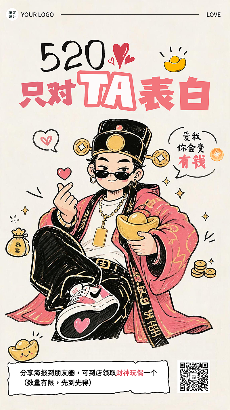 520祝福玄学壁纸手绘风网感插画手机社交媒体海报