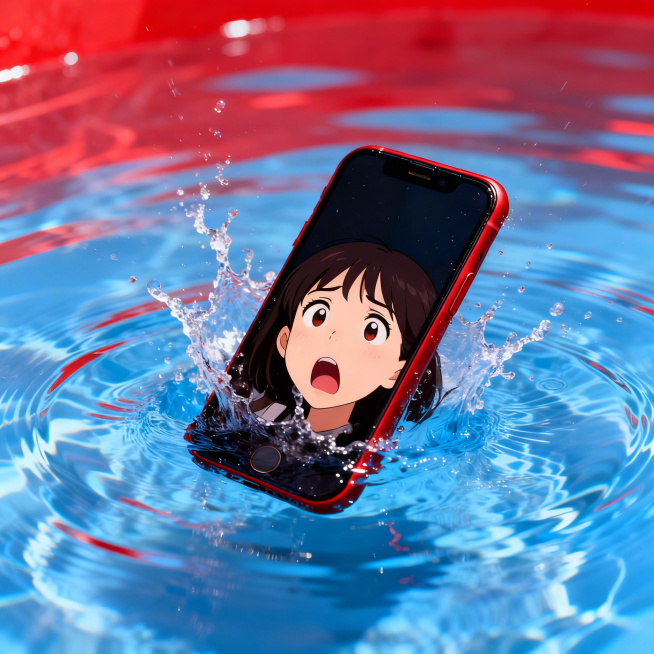 在原有手机掉落在水中的场景基础上，添加一个女孩露出惊恐表情的画面，整体保持醒目提醒风格，比例1:1预览效果