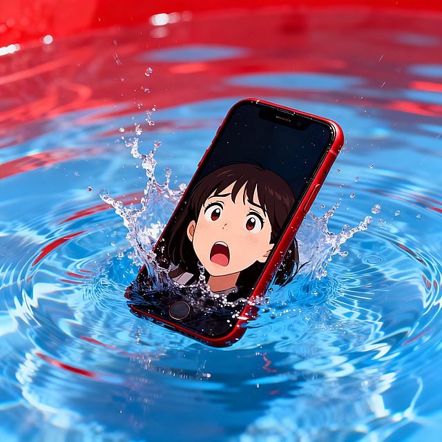 在原有手机掉落在水中的场景基础上，添加一个女孩露出惊恐表情的画面，整体保持醒目提醒风格，比例1:1