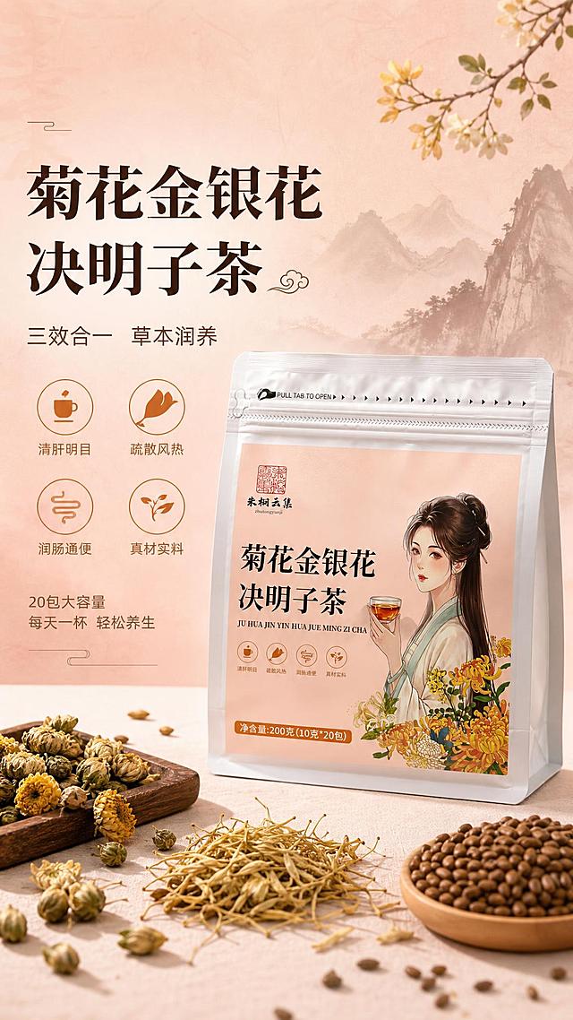 [商品] 使用【图1】菊花金银花决明子茶包装袋正面；保留白色自立袋、粉色标签、古风女子插画、菊花金银花装饰、朱桐云集Logo、产品名称文字、净含量信息；产品外观颜色图案文字完全不变，仅做光影融合和质感提升。
[画面] 头图海报页，产品居中偏右，占画面约50%，左侧留白放文案，前景散落真实胎菊、金银花、决明子原料，背景是高级暖粉渐变带细腻宣纸纹理，有淡淡的山影水墨元素点缀，营造新中式国风养生氛围，画面层次丰富，有前景原料、中景产品、后景山影渐变三层。
[视觉] 套系策略：风格=新中式国风高级感 暖粉渐变宣纸质感；标题字=粗宋黑体 厚重有力；正文字=细黑体 清晰易读；主色=暖粉杏色；背景延展=浅杏粉到蜜桃粉渐变 叠加细腻宣纸纹理 微山水墨点缀；强调色=金橘色 仅用于图标和重点词；标题色=深棕褐色；正文色=浅棕褐色；组件=圆角半透明米白卡片 细线引线 国风线性图标；光影=左前侧暖柔光 产品边缘柔和高光 自然接触阴影。
[文字] 左侧上方主标题 菊花金银花决明子茶 副标题 三效合一 草本润养 下方四个圆形图标加文字 清肝明目 疏散风热 润肠通便 真材实料 底部小字 20包大容量 每天一杯 轻松养生 文字横排 层级分明 不遮挡产品主体。
[规格] 9:16竖版，2K分辨率，避免变形、错字、文字过小、冷蓝背景、产品外观改变、包装文字错乱、水印、平台Logo。