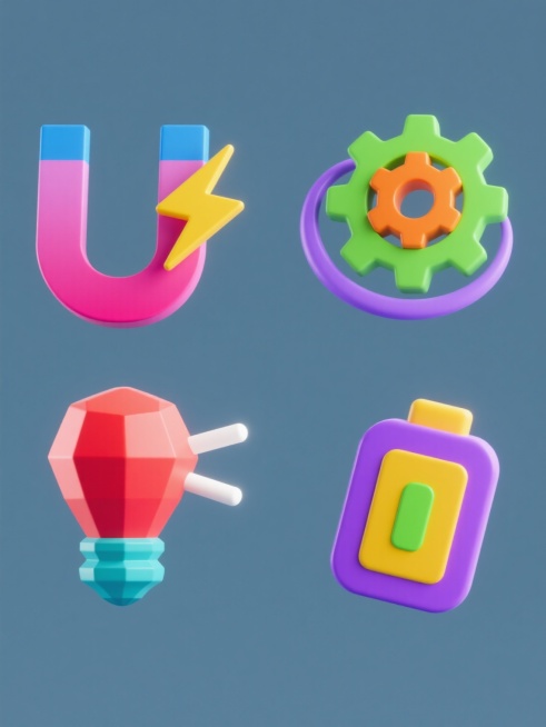 4个同系列3D立体图标规整排列在纯色背景上，保持简约现代的低多边形风格，每个图标均采用渐变色彩和光滑材质，具有清晰的高光和柔和阴影，第一个为蓝色与粉色渐变的U型磁铁及黄色闪电，第二个为绿色与橙色渐变的齿轮组及紫色能量环，第三个为红色与青色渐变的灯泡及白色光束，第四个为紫色与黄色渐变的电池及绿色电量指示，整体构图平衡对称，色彩明快协调，符合科技感主题的图标设计。预览效果