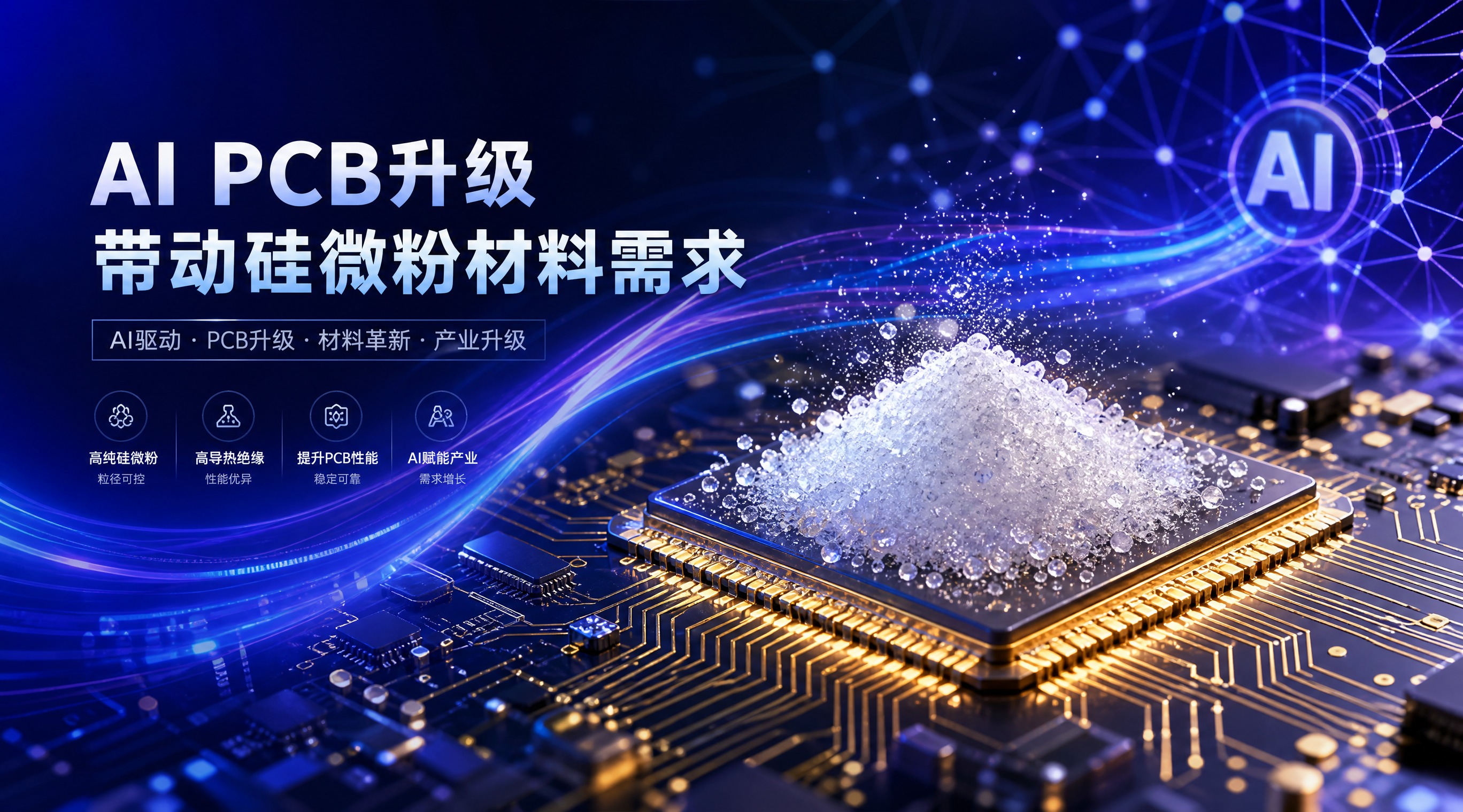 科技感封面图，主题为AI PCB升级带动硅微粉材料需求。画面中… - 图片创意预览