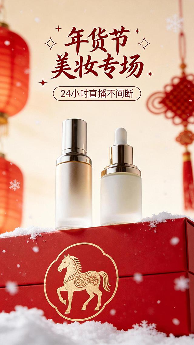高端商业摄影。画面中心展示参考图，仰视视角，距参考图很近。参考图占50%。产品放置在一个精美的红色春节礼盒上，礼盒表面有金色的马年图腾烫金工艺，前景有雪。背景装饰着朦胧的红灯笼和中国结，海报顶部居中“年货节 美妆专场”，优雅手写红棕色字体，周围点缀星芒和菱形。胶囊形副标题“24小时直播不间断”。整体排版干净，背景为柔和的暖米色渐变。微距摄影。