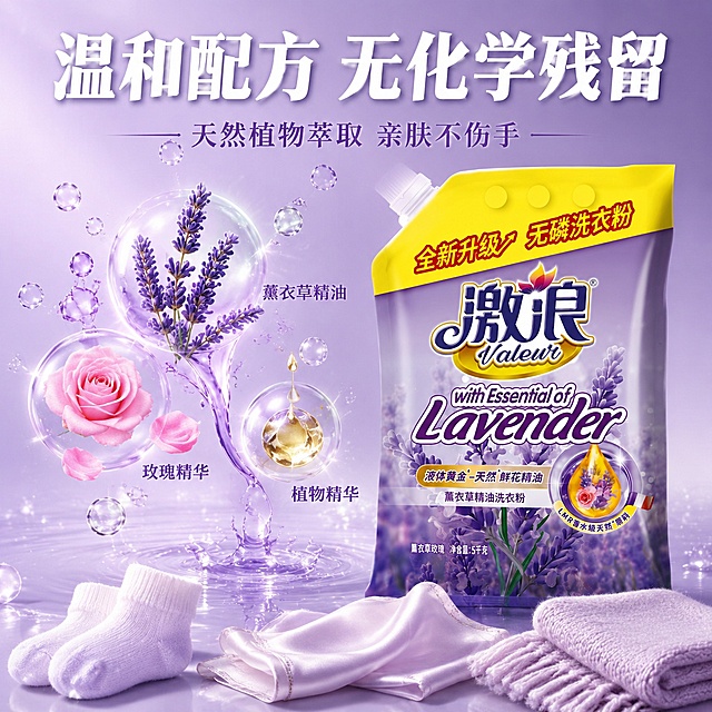 [主图-3] 激浪薰衣草精油洗衣粉成分安全温和配方展示图。
[氛围风格] 纯净自然成分风，淡紫色透明质感，安心可靠，天然植物感。
[画质] 商业摄影质感、清透干净、产品清晰真实、成分展示精致。
[元素] 激浪薰衣草精油洗衣粉袋装产品居右，产品占画面约45%，保持产品外观与输入产品图完全一致。左侧展示天然成分：真实薰衣草花束、玫瑰花瓣、透明水滴、植物精华液滴，成分悬浮在淡紫色透明液体中，有气泡上升。成分周围有柔和的光晕效果。背景为淡紫色渐变，干净通透。画面底部有几样代表温和的物品：婴儿袜子、丝绸手帕、羊毛围巾，体现多面料适用。
[光影] 侧逆光打透液体和水滴，形成晶莹剔透的质感，产品正面柔和补光，成分有清晰的高光和折射，整体清透干净。
[配色] 主色调淡紫透明感，辅助色白色、淡粉、嫩绿，整体清新柔和。
[视角构图] 平视，左右构图，左侧成分展示右侧产品，视觉重心在中间成分区域，景深较浅。
[文字版式] 顶部大标题"温和配方 无化学残留"，白色粗体大字。标题下方小字"天然植物萃取 亲肤不伤手"，淡紫色。左下角三个小图标横向排列："无磷""无荧光剂""无残留"，各配小图标和文字。
[输出要求] 1:1比例，文字清晰锐利，超高清商业摄影质感。
[负向提示词] 变形，文字错乱，模糊，水印，电商平台Logo，多余的手，畸形手。