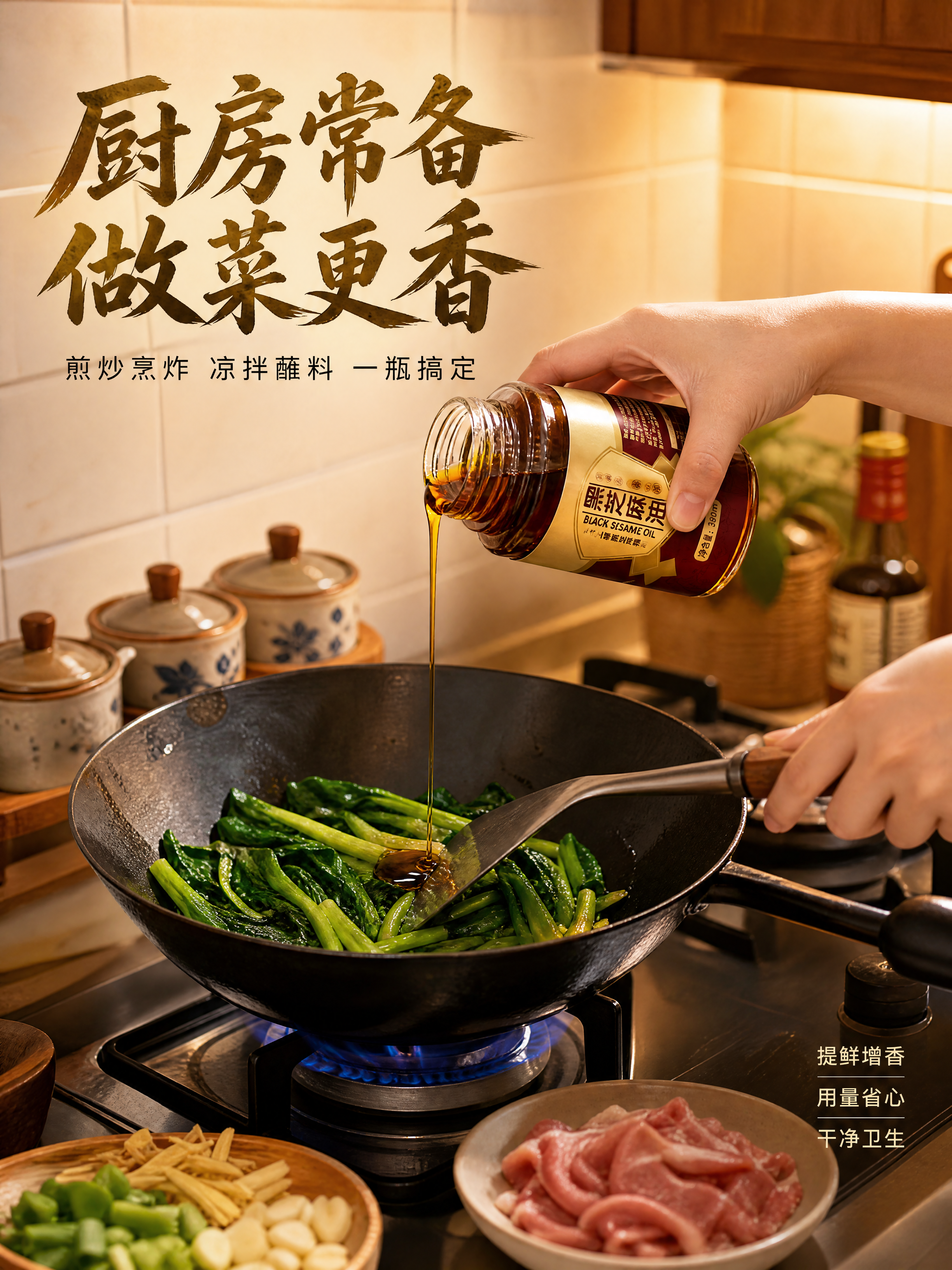[商品] 使用【图1】黑芝麻油玻璃瓶；保留玻璃瓶外形、红金标签… - 图片创意预览