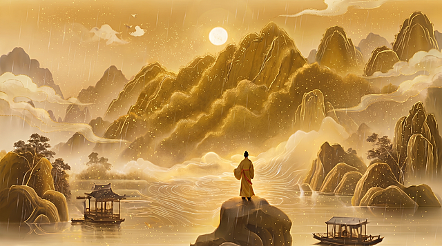 将山体色调调整回和原图一致的国画风金色描金色调，和整体画面协调，保留当前雨滴形态和所有元素不变