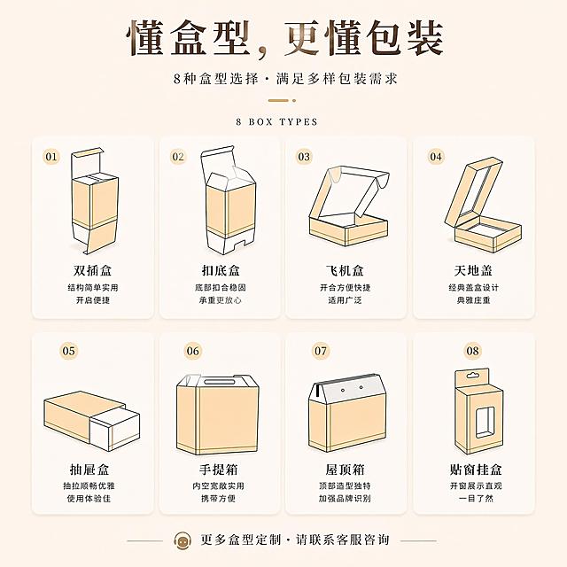 去掉手提箱这个盒型，将标题的12种盒型改为8种盒型，把编号06改为05，09改为06，10改为07，11改为08，保持其他内容和布局不变，保证图片中所有文字清晰可见，设置图片长宽比例为1:1，整体风格保持原图的米浅色简约设计风格