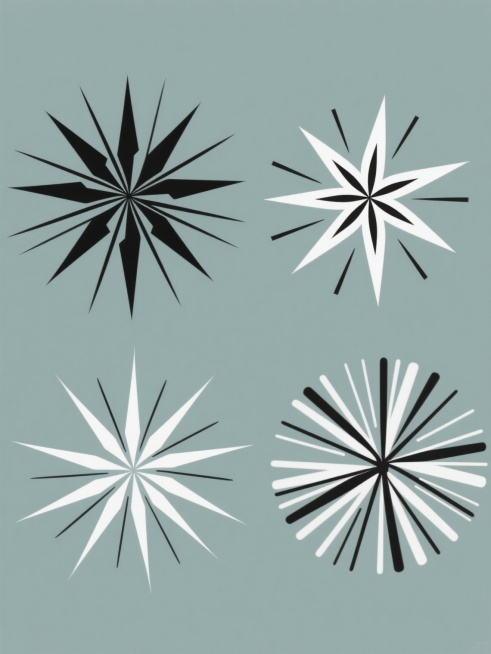 一组四个完全不同造型的放射状星形图案系列素材集合，保持简约的黑白线条艺术风格，每个星形由中心向外辐射的尖角和长短不一的直线构成，整体造型抽象且具有动态感，采用纯色背景，每个图案使用不同的色彩方案，规整地排布在同一画面中，构图平衡对称，视觉层次清晰，适合作为装饰元素或标识设计使用预览效果