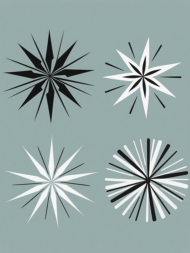 一组四个完全不同造型的放射状星形图案系列素材集合，保持简约的黑白线条艺术风格，每个星形由中心向外辐射的尖角和长短不一的直线构成，整体造型抽象且具有动态感，采用纯色背景，每个图案使用不同的色彩方案，规整地排布在同一画面中，构图平衡对称，视觉层次清晰，适合作为装饰元素或标识设计使用