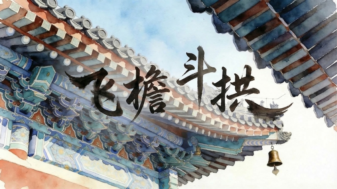 去除画面中多余的一个“飞”字，仅保留正确的“飞檐斗拱”四个字，其余古建背景、字体风格都保持不变，风格和谐统一预览效果