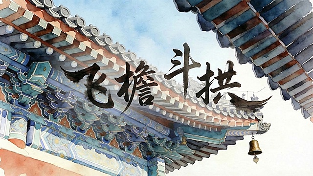 去除画面中多余的一个“飞”字，仅保留正确的“飞檐斗拱”四个字，其余古建背景、字体风格都保持不变，风格和谐统一
