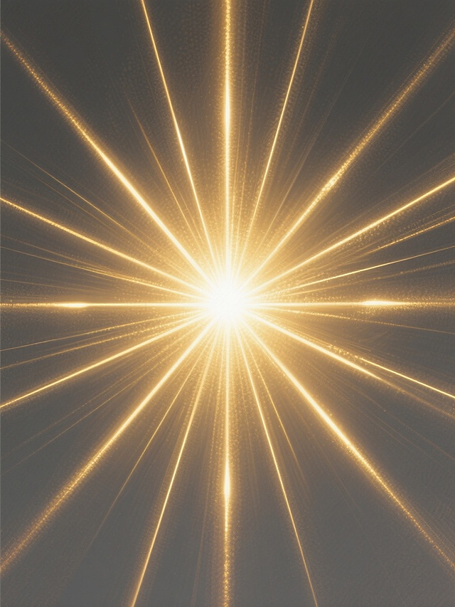 一张纯背景的数字艺术插画，画面中央是一个明亮耀眼的金色光芒，光芒从中心向四周呈放射状扩散，形成多条清晰锐利的金色光线，光线由中心向边缘逐渐变暗、变淡，背景为深灰色，整体营造出神秘而神圣的氛围，光线过渡自然平滑，具有强烈的视觉冲击力和空间感。