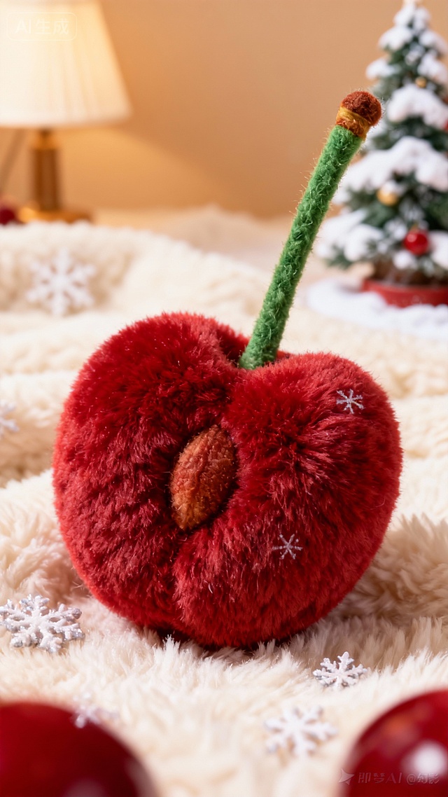软3D毛绒樱桃，拟人化设计，毛发生长质感，点缀雪花元素，温馨喜庆圣诞氛围。