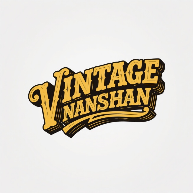 美式复古字体 logo 设计，纯白色背景，美式手绘风格的英文单词“VINTAGE”和“NANSHAN”以创意方式相互融合，字母变形，动感有趣，呈现浓烈的西部风格，文字主体是黄色，轮廓是黑边，文字周围有预览效果