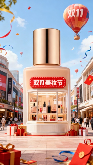 以商场街道为背景，中央是巨型粉底液摆在地上，巨型粉底液内部设计成橱窗形式，展示着各类化妆品，橱窗上红色灯牌写着“双11美妆节”。礼盒、红包、彩带元素装饰画面，背景点缀“双11”文字热气球。预览效果