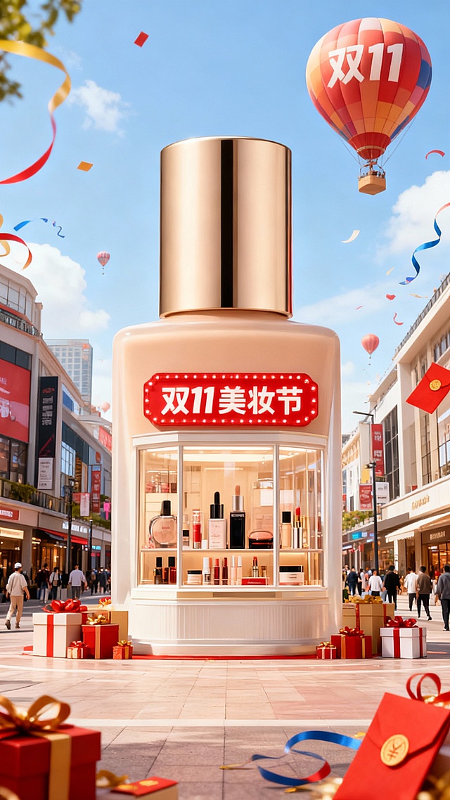 以商场街道为背景，中央是巨型粉底液摆在地上，巨型粉底液内部设计成橱窗形式，展示着各类化妆品，橱窗上红色灯牌写着“双11美妆节”。礼盒、红包、彩带元素装饰画面，背景点缀“双11”文字热气球。
