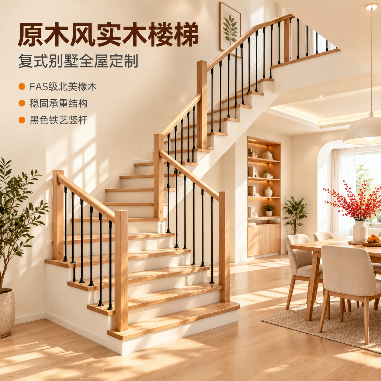 [主图-1] 空间场景与氛围吸睛主图，展示原木风实木楼梯在真实… - 图片创意预览