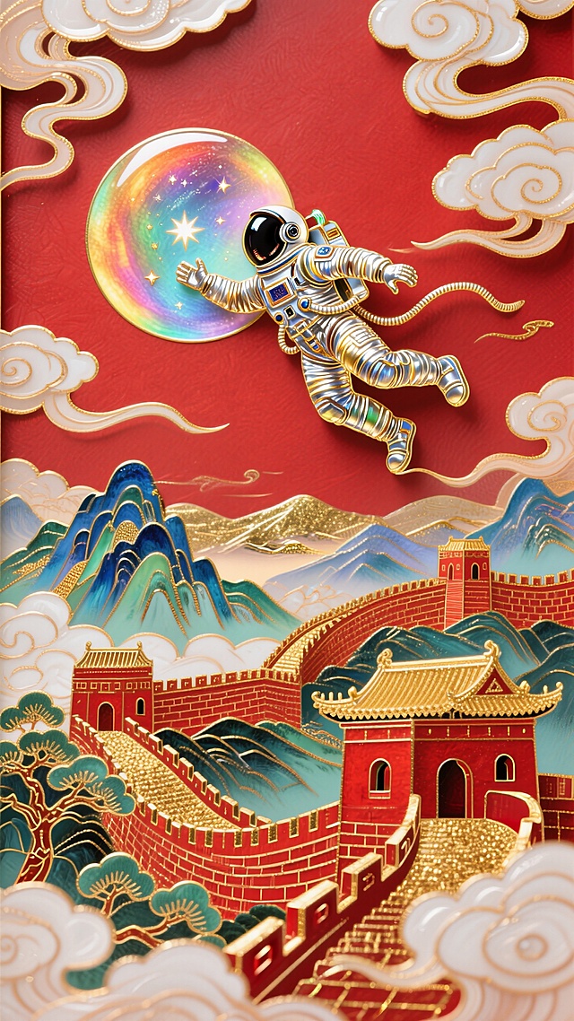 宇航员（飞天姿势）奔月，底下是红金的长城+山河，极繁主义，祥云环绕，红色背景