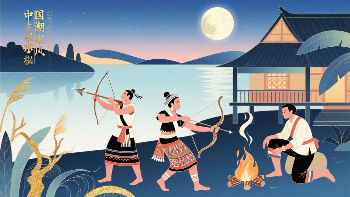 拉祜族根古章节北方牡必密必，糯海厄湖泊旁，拉祜人与汉人共居狩猎，持弩为拉祜人，持锄为汉人，包含日月沐浴神话细节，展现火塘生活与月光下跳舞的场景，后因汉人增多产生冲突争端，拉祜人不愿战争从北南迁，采用蒙预览效果