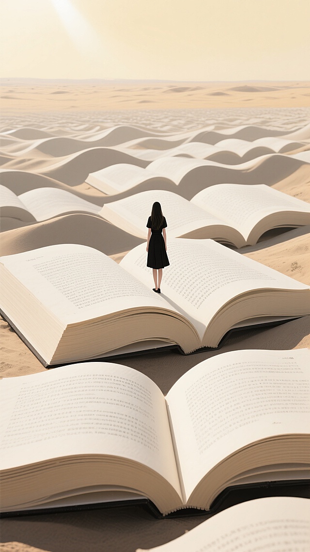 超现实主义风格插画，以巨大的、波浪状起伏的打开的书页构成连绵不绝的“书海”景观，书页呈现米白色纸张质感，上面布满细密的黑色文字。一位身穿黑色连衣裙的长发女子，背影面向远方，独自站在书页波浪的顶端，渺小的身影与浩瀚的书海形成强烈对比。背景是柔和的米黄色天空，远处地平线模糊，呈现出沙漠般的辽阔与宁静氛围，整体色调统一在米白、浅黄与黑色的和谐搭配中，光影柔和，光线从画面上方偏左位置洒落，在书页边缘形成淡淡的高光，营造出神秘、静谧而富有哲思的意境，画面构图采用纵深视角，引导视线从前景的女子延伸至远方的书海尽头，具有强烈的视觉冲击力和梦幻般的空间感。