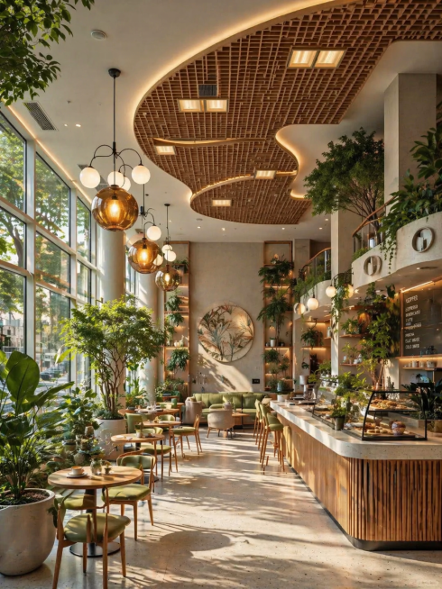 参考当前图片的自然治愈风格，保留原木格栅吊顶、绿植造景、大面积玻璃窗的设计，将空间改为现代咖啡厅，移除水印预览效果