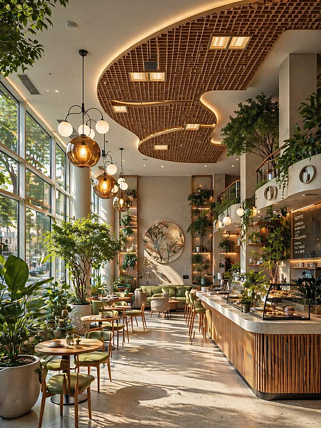 参考当前图片的自然治愈风格，保留原木格栅吊顶、绿植造景、大面积玻璃窗的设计，将空间改为现代咖啡厅，移除水印