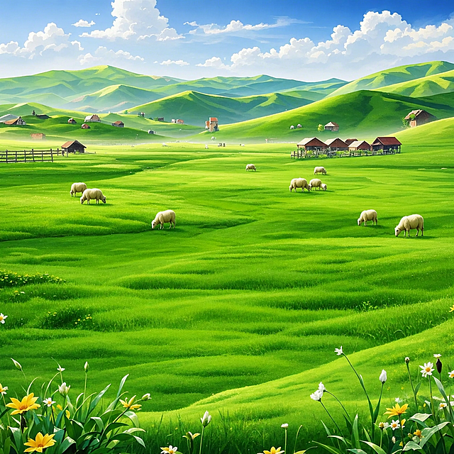 参考图片场景，将图片里的奶牛替换成羊群，保留原本的绿色草原山坡蓝天白云小木屋场景，清新自然的绿色调，远处错落的绿色山丘和红顶木屋，前景黄色白色小花和草丛都保留，主光是白天顺光，整体色调清新翠绿，羊群自然分布在绿色草地上吃草，和环境光影融合，保持参考图的整体构图和氛围，4K分辨率，严格锁定宽高比为1:1