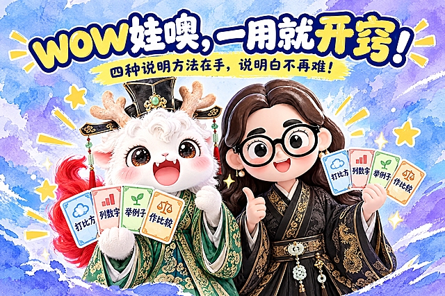 横版6寸比例的结尾页设计，大标题为"wow娃噢，一用就开窍！"，副标题为"四种说明方法在手，说明白不再难！"，画面中央是两个Q版国风IP形象：一个是手持四张卡片（打比方、列数字、举例子、作比较）的白色毛绒瑞兽（穿绿色汉服戴官帽），另一个是戴黑框眼镜、穿黑色金龙纹汉服的卡通女孩也举着卡片，两人自信满满，周围有星星和光芒特效，整体风格活泼有感染力，蓝紫色水彩风背景，与费曼复述卡系列风格统一，排版醒目美观，适合打印