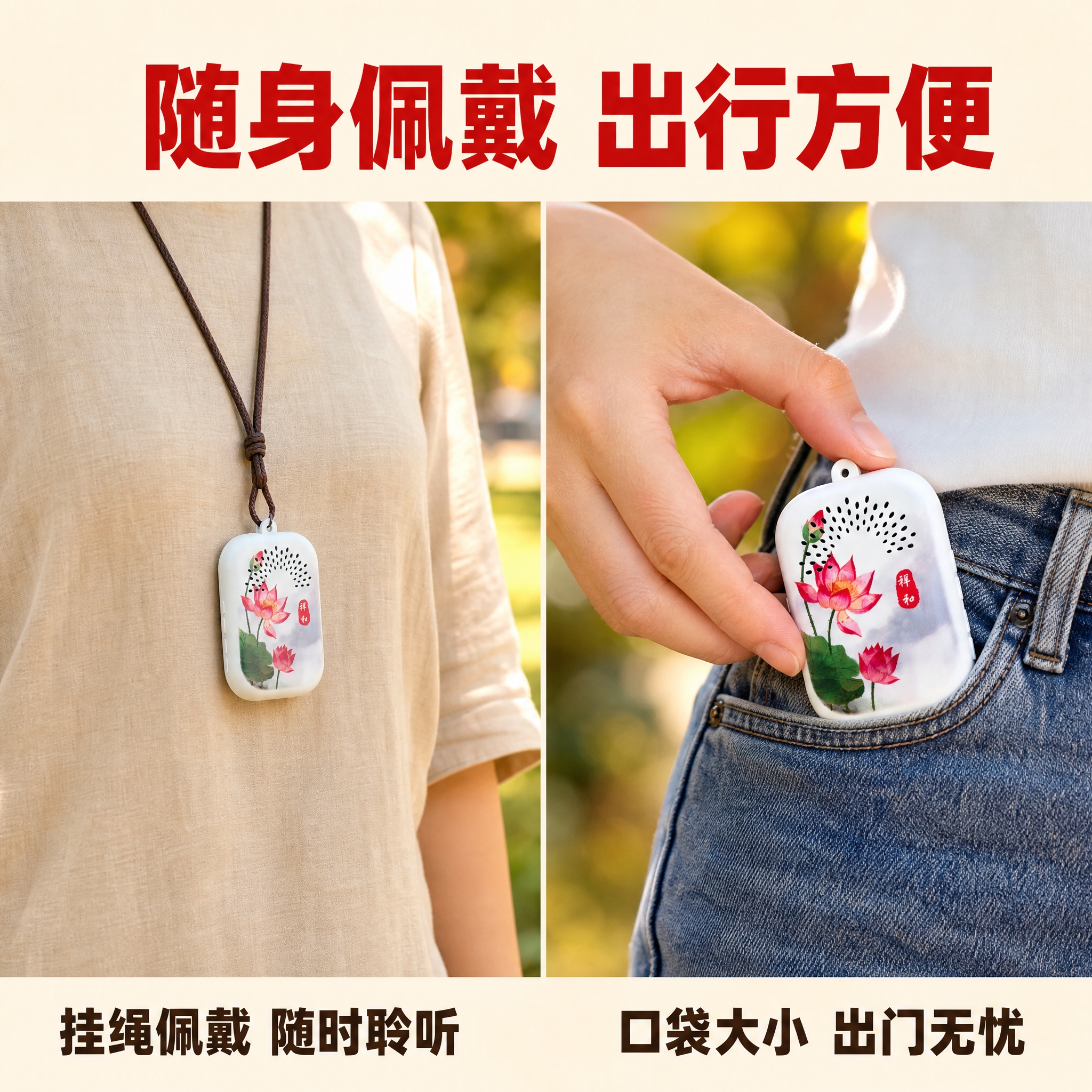 [主图-6] 外带便携场景图，展示产品挂在身上/放入口袋的便携… - 图片创意预览