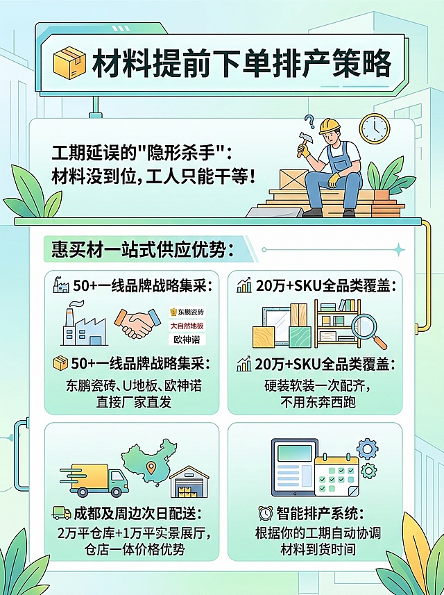 内容海报，标题文字“📦 材料提前下单排产策略”，正文内容“工期延误的"隐形杀手"：材料没到位，工人只能干等！惠买材一站式供应优势：🏭 50+一线品牌战略集采：东鹏瓷砖、大自然地板、欧神诺等直接厂家直发 📊 20万+SKU全品类覆盖：硬装软装一次配齐，不用东奔西跑 🚚 成都及周边次日配送：2万平仓库+1万平实景展厅，仓店一体价格优势 ⏰ 智能排产系统：根据你的工期自动协调材料到货时间，现代简约装修行业风格，清新明亮色调