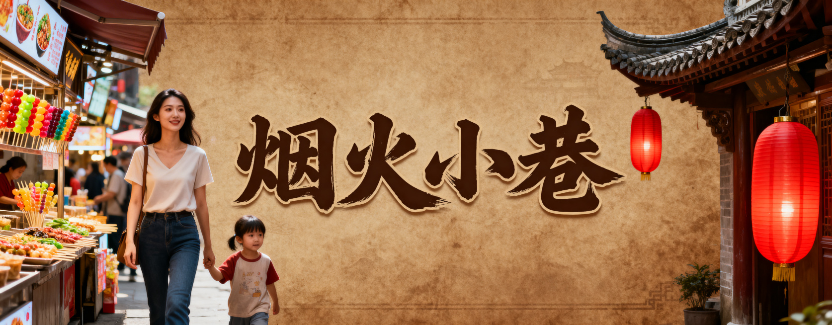 横板牌匾设计图，主色调仿古棕色，背景是仿古风格充满烟火气的逛街场景，售卖彩色现代小吃，近景有现代女性和小孩逛街，画面右侧是古代屋檐和长椭圆红色灯笼，画面正中间是书法大字"烟火小巷"，分图层设计，宽比例预览效果