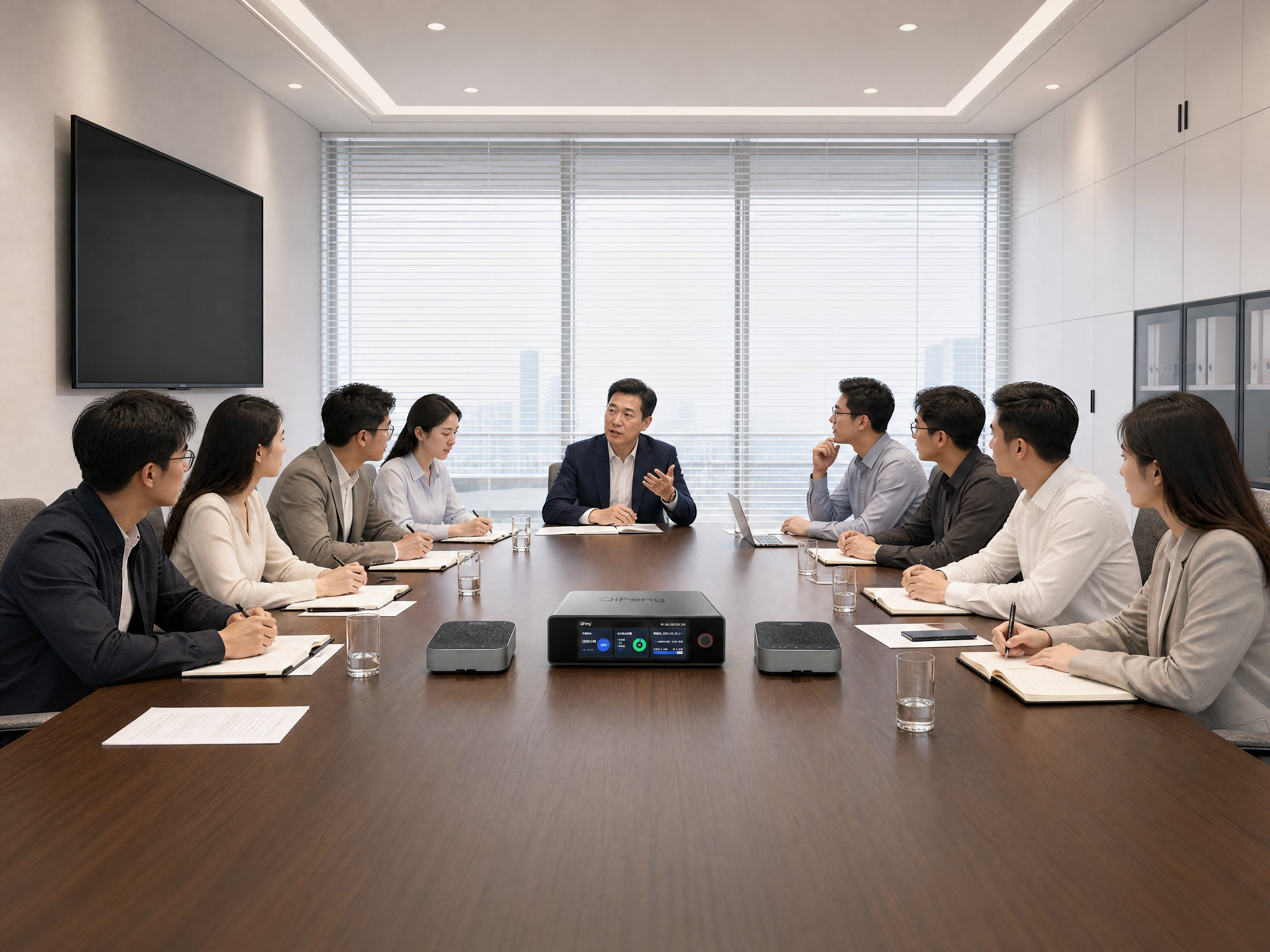 超写实办公室室内空间摄影。 主体1（核心）：会议主机严格参照上… - 图片创意预览