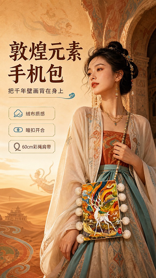 [商品] 使用【图6】橙黄九色鹿款敦煌手机包；商品处理：保留长方形包型、绒布材质、九色鹿敦煌壁画印花、两侧白色毛球流苏、彩色编织肩带、红色小标；自然理顺包身，增强绒面纹理质感、毛球蓬松感和肩带编织细节，不改变包型结构和印花图案。
[画面] 目标：敦煌国潮风格头图海报，营造东方美学氛围感。构图：左文右图，右侧亚洲女性模特斜挎手机包站在敦煌风格场景中，包位于画面视觉中心，占画面约35%；左侧留白放标题文案。景别：中景，模特腰部以上至头顶。场景：暖调敦煌风背景，有沙漠、飞天飘带剪影、石窟拱门元素，柔和暖光从左前方打来。阅读动线：左上标题→右侧人物与包。
[视觉] 套系策略：风格=敦煌国潮复古商业摄影；标题字=国风宋体粗体，带轻微飞白装饰；正文字=简洁无衬线体；主色=暖橙赭石色；背景延展=基于暖橙赭石做深浅渐变、敦煌壁画肌理和沙漠质感；强调色=石青蓝，仅用于小面积图标、引线和标签；标题色=深赭石色；正文色=暖棕褐色；组件=圆角米黄信息卡、细线引线、敦煌纹样装饰边；光影=左前侧暖柔光，柔和阴影。
[文字] 左上区域主标题"敦煌元素手机包"（7字，大字号国风宋体），副标题"把千年壁画背在身上"（10字，中号），下方3个短卖点：「绒布质感」「暗扣开合」「60cm彩绳肩带」。文字不遮挡包身主体和模特脸部。
[规格] 图片比例9:16竖版，4K，负向提示：避免变形、错字、文字过小、冷蓝灰背景、包型失真、印花错乱、毛球缺失、绝对化用语。