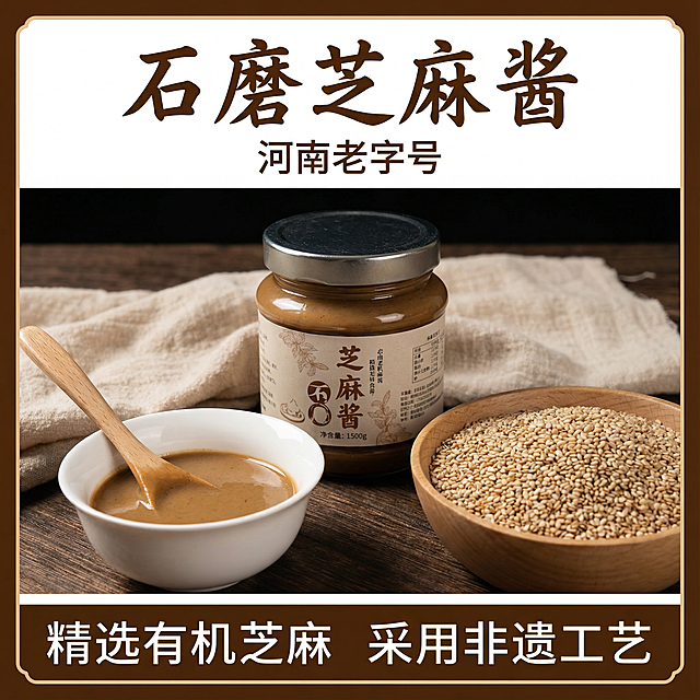 生成产品主图，方形，产品名称是石磨芝麻酱，特点是精选有机芝麻  采用非遗工艺  河南老字号