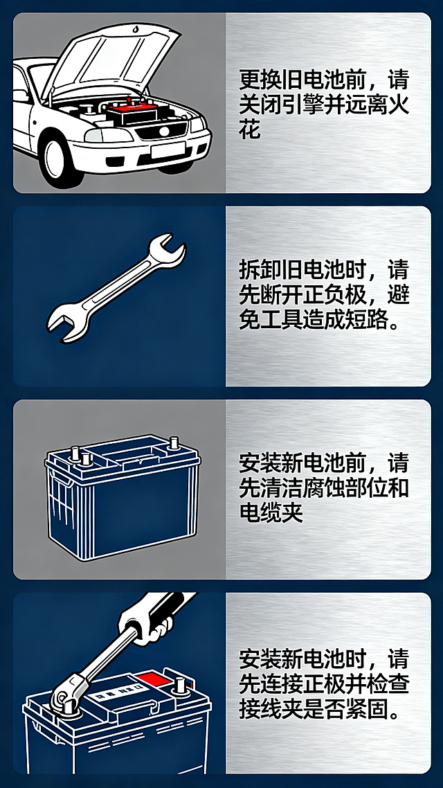 设计一张汽车电池更换步骤说明图，包含四个要点：
1. 更换旧电池前，请关闭引擎并远离火花
2. 拆卸旧电池时，请先断开正负极，避免工具造成短路
3. 安装新电池前，请先清洁腐蚀部位和电缆夹
4. 安装新电池时，请先连接正极并检查接线夹是否紧固
采用清晰的图文排版，工业科普风格，每个步骤配简洁图示，整体配色专业稳重