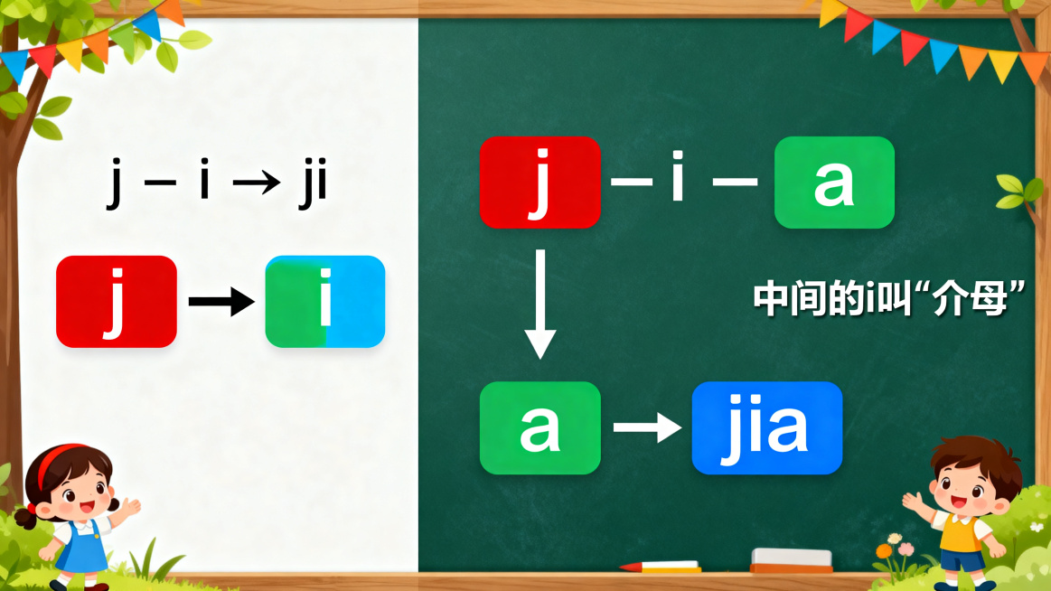 汉语拼音课程第4页，标题“新朋友 – 三拼音节”，左右对比布局。左侧展示两拼音节：j – i → ji，用箭头连接，声母红色，介母绿色，韵母蓝色。右侧展示三拼音节：j – i – a → jia，文字预览效果