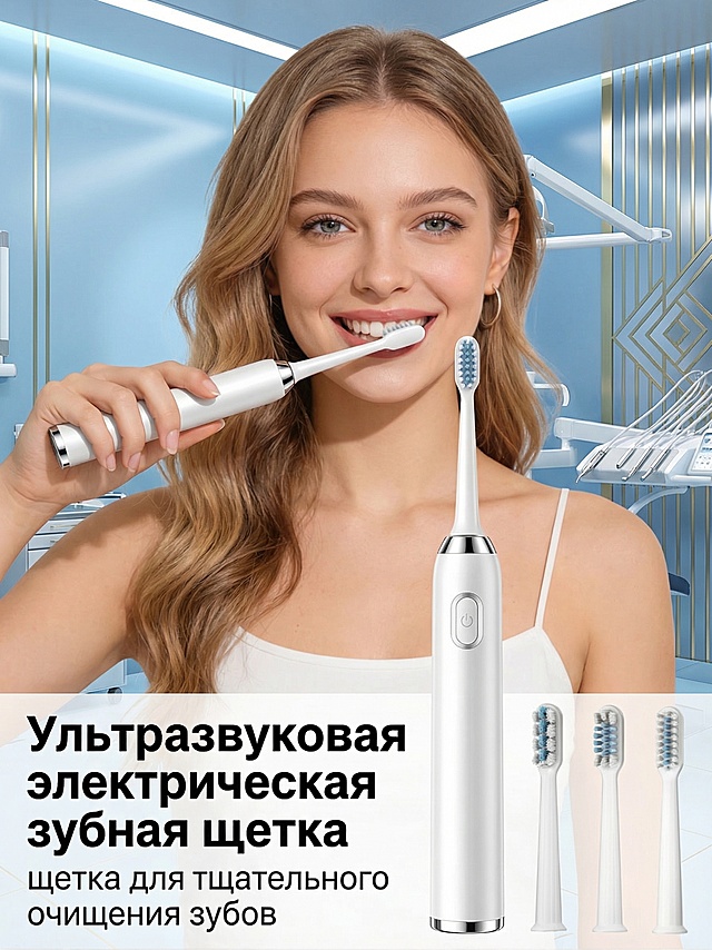 保留原图人物、产品和全部俄文字案内容不变，调整主色调为白色加银色金属质感，背景改为浅蓝渐变，呈现牙科诊室冷调科技感，添加金色装饰线条提升轻奢感，文字使用黑色和白色高对比度配色，保留原俄文字体，保证信息清晰易读，修改人物姿势为拿手上的电动牙刷做刷牙姿势