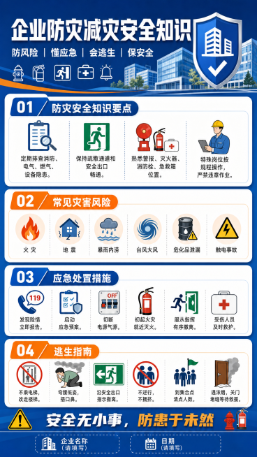 企业防灾减灾安全宣传长图，设计风格简洁正式，内容包含企业防灾安全知识要点、应急措施和逃生指南，配有相关防灾图标，主标题为"企业防灾减灾安全知识"预览效果