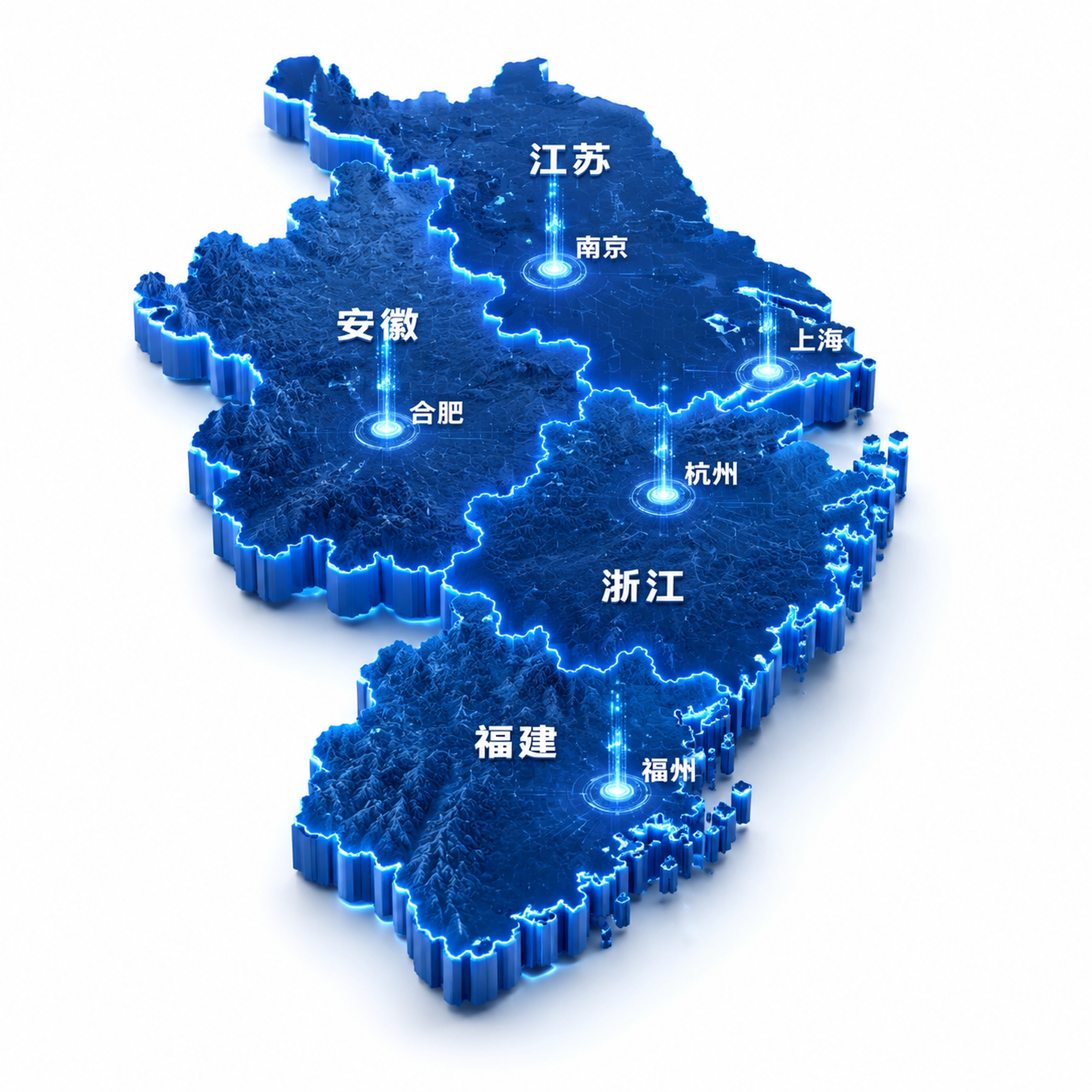 3D立体科技风格的华东区域地图示意图，包含五个省级行政区：江苏… - 图片创意预览