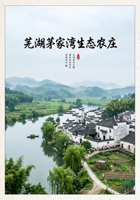 画册封面，徽派风格，标题写有“芜湖茅家湾生态农庄”，融入马头墙、小青瓦徽派建筑元素，设计典雅简约，体现江南乡村意境，标题字体为国风书法字体预览效果