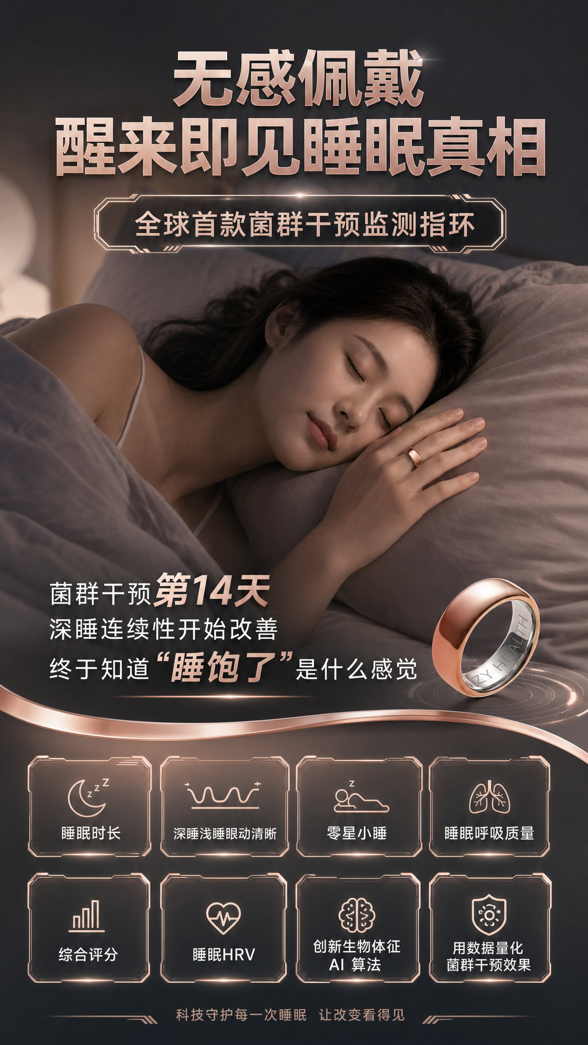 智能指环检测睡眠宣传海报，顶部放大突出主题"无感佩戴 醒来即见… - 图片创意预览