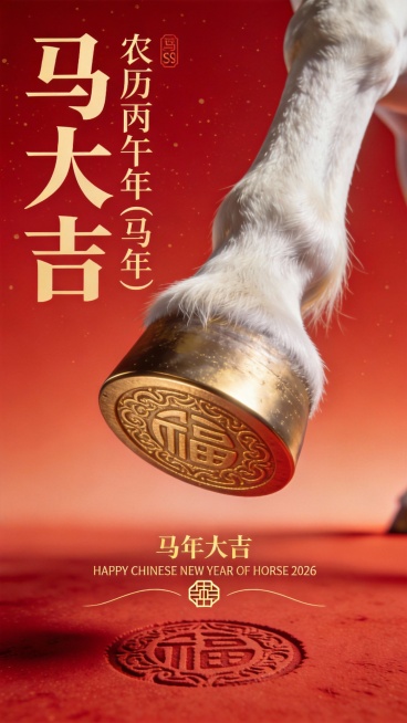 极简主义红金时尚3D超写实的海报风格。字体占据画面宽度的80%，具有高端杂志排版质感。旁边简单装饰小字“农历丙午年（马年）”画面底部正中央用极小的文字书写金色的优雅衬线体“马年大吉”+更小的小字“HA预览效果
