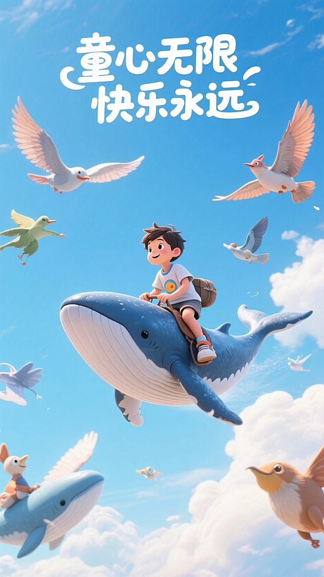一个小的男孩骑在一个大鲸鱼的背上，飞在高空上，背景是蓝天白云，旁边有各种长翅膀的动物，梦幻的场景。风格（卡通建模，幻想风格）。顶部有一个文案“童心无限 快乐永远”