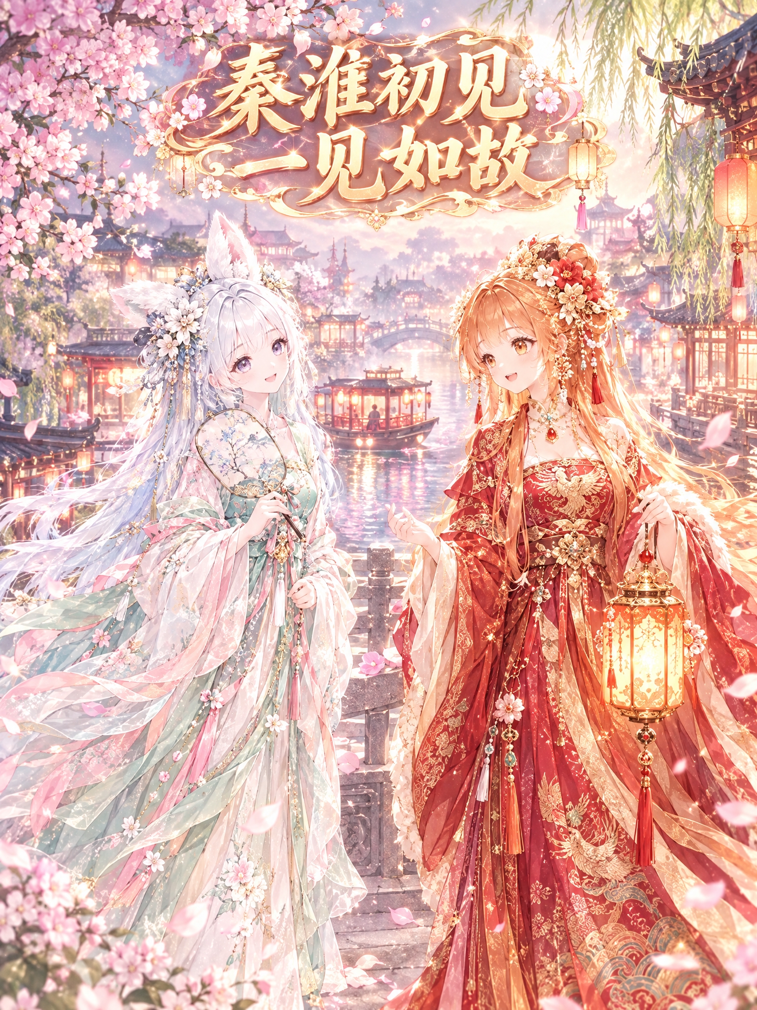 姑苏和金陵双人全身立绘，相遇剧情画面。两人在秦淮河畔的石桥上相… - 图片创意预览