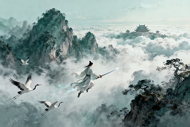 古风修仙场景，云雾缭绕的仙山，一位白衣修士御剑飞行，身旁有灵鹤相伴，远处琼楼玉宇隐在云海中，画面仙气缥缈充满意境